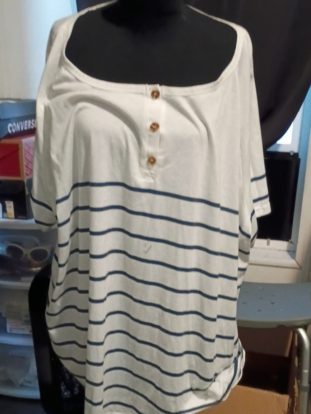 BloomChic White Short-Sleeve Henley with Navy Stripes